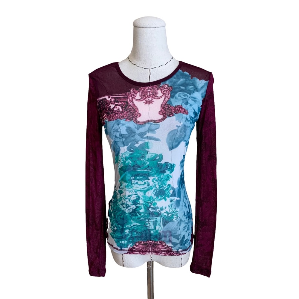 Y2k 90s Express Mesh Stretch Long Sleeve Top Angels Floral Westwood Gaultier